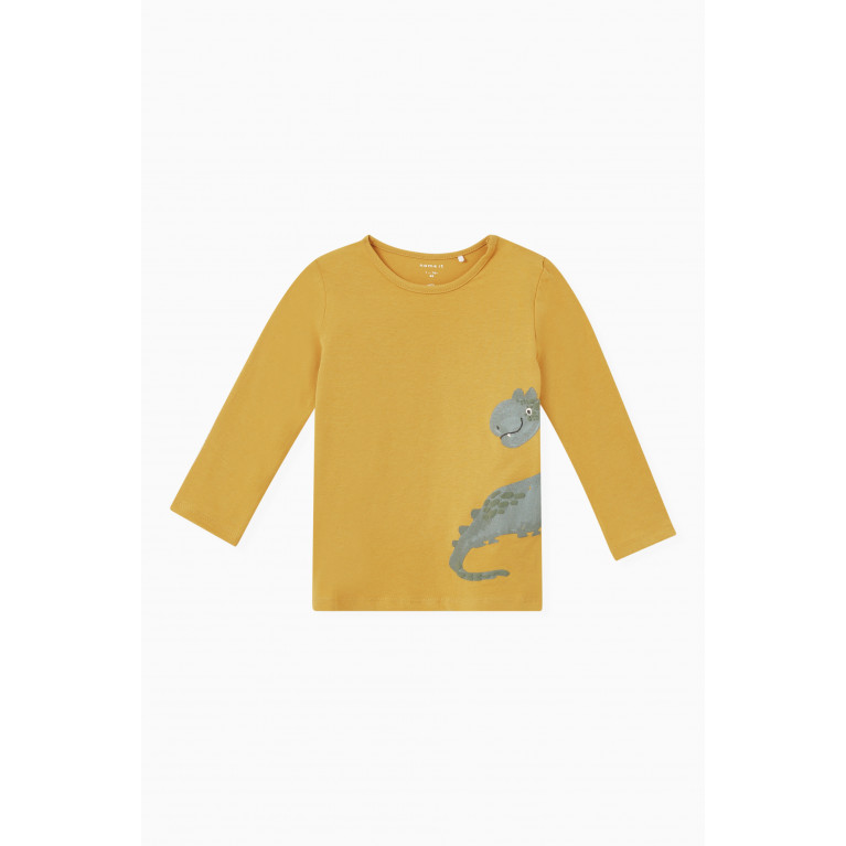 Name It - Dinosaur Print T-shirt in Organic Cotton Gold