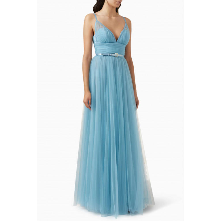 Elisabetta Franchi - Belted Red Carpet Dress in Tulle Blue