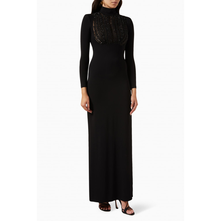 Elisabetta Franchi - Embroidered Ascot-tie Maxi Dress in Jersey