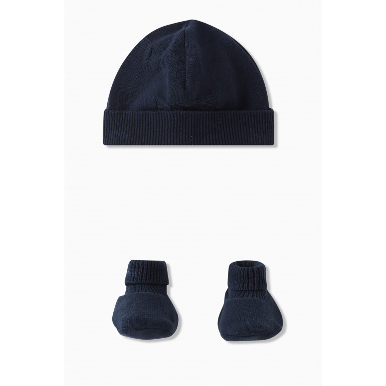 Boss - Intarsia Knit Hat and Booties in Cotton Blue