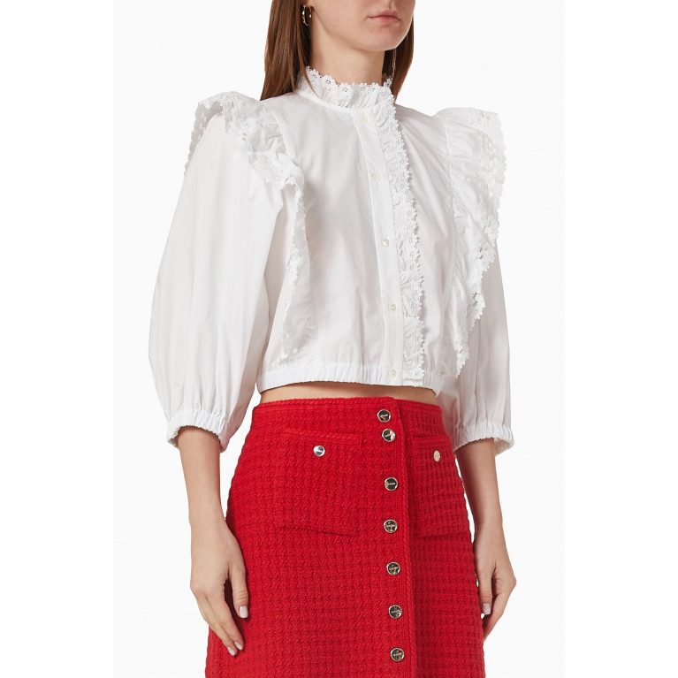 Sandro - Lace Ruffled Cropped Blouse in Cotton