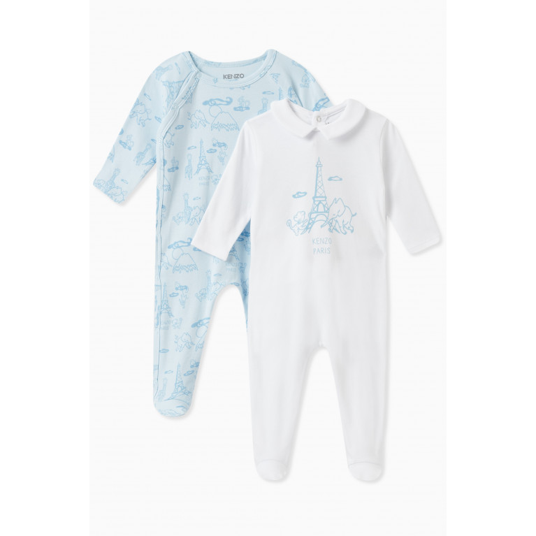 KENZO KIDS - Graphic Logo Print Sleepsuits in Cotton, Set of Two Blue