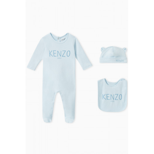 KENZO KIDS - Logo Print Sleepsuit, Hat and Bib Set in Organic Cotton Blue