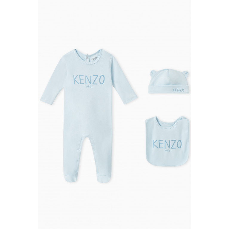 KENZO KIDS - Logo Print Sleepsuit, Hat and Bib Set in Organic Cotton Blue