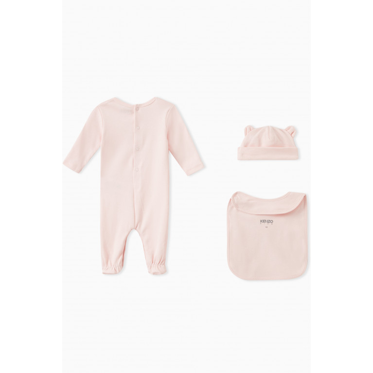 KENZO KIDS - Logo Print Sleepsuit, Hat and Bib Set in Organic Cotton Pink