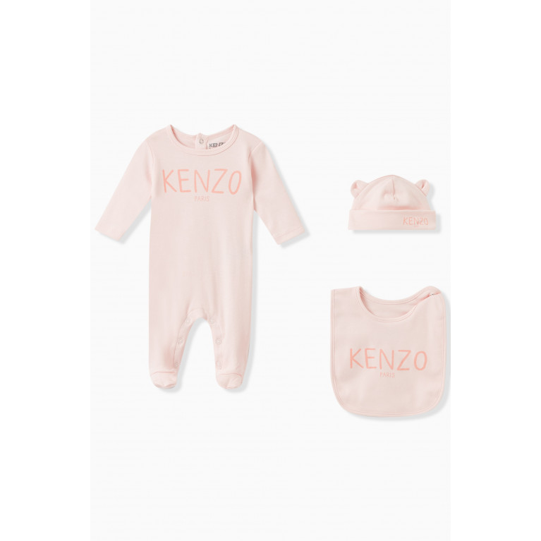 KENZO KIDS - Logo Print Sleepsuit, Hat and Bib Set in Organic Cotton Pink