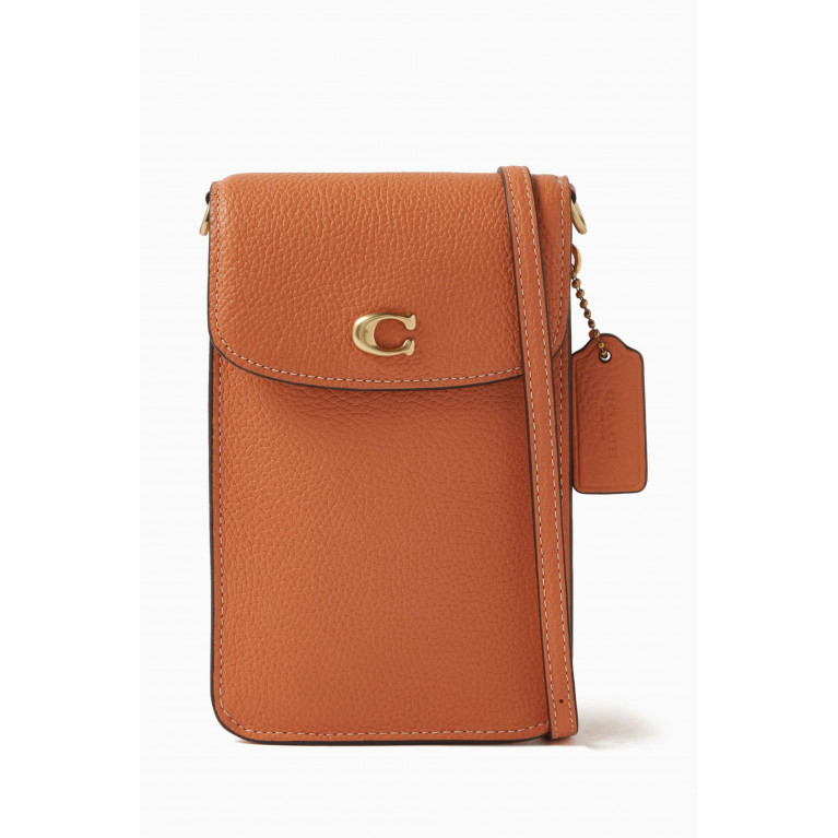 Coach - Phone Crossbody Bag in Pebbled Leather Orange