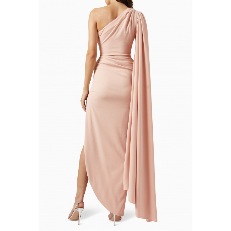 Rhea Costa - Elongated-sleeve One-shoulder Maxi Dress in Crepe Pink