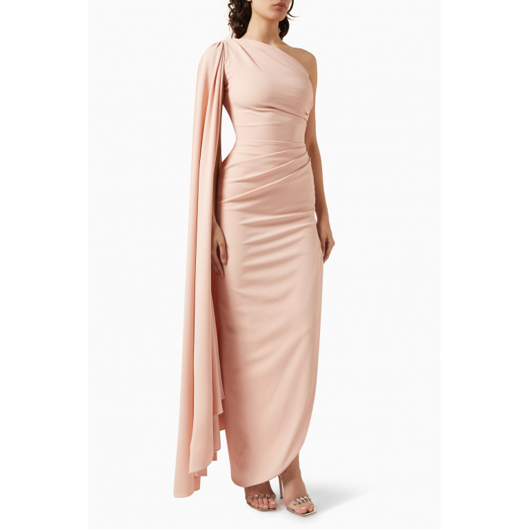 Rhea Costa - Elongated-sleeve One-shoulder Maxi Dress in Crepe Pink