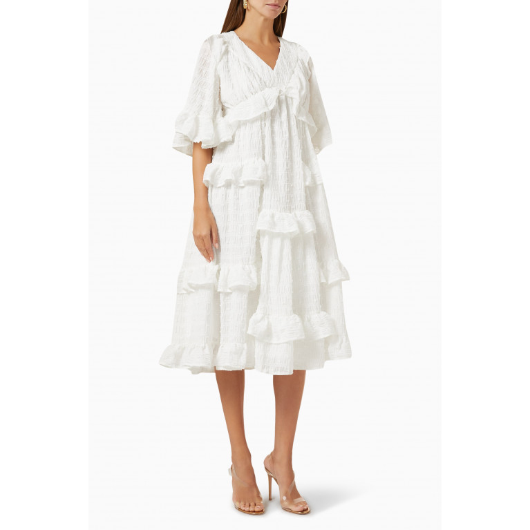 Poca & Poca - V-neck Ruffled Midi Dress in Cotton-blend