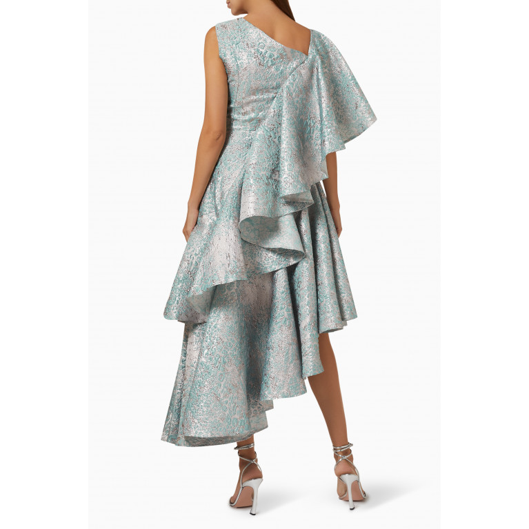Poca & Poca - Cascading Ruffled Midi Dress in Metallic Jacquard