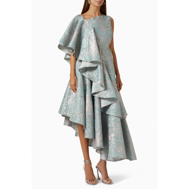 Poca & Poca - Cascading Ruffled Midi Dress in Metallic Jacquard
