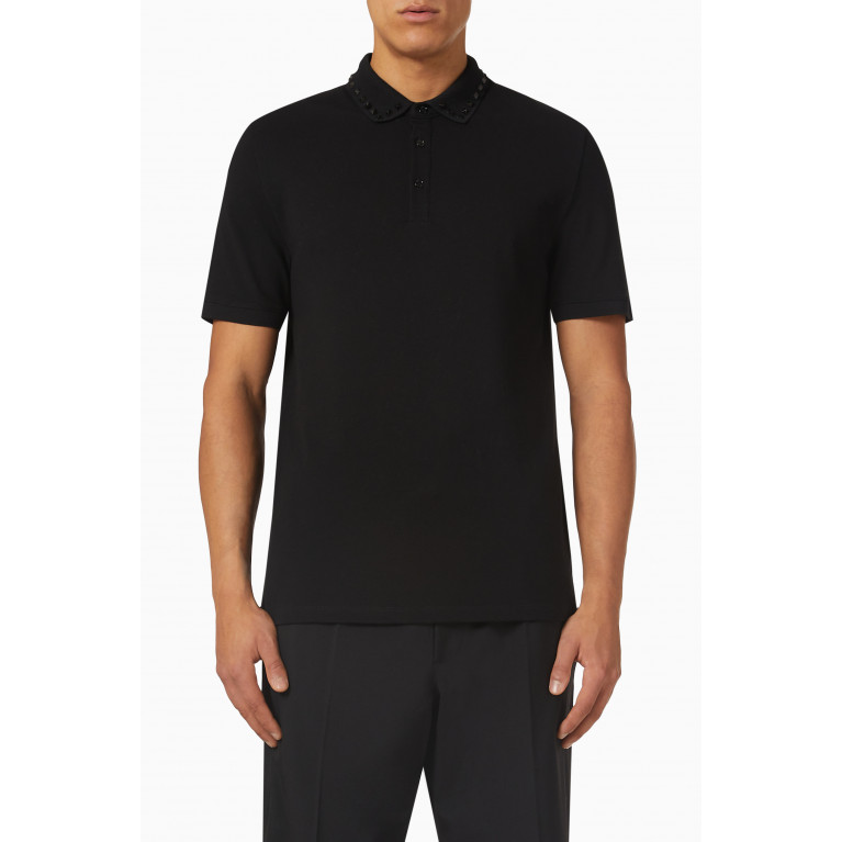 Valentino - Black Untitled Studded Polo in Cotton Piqué