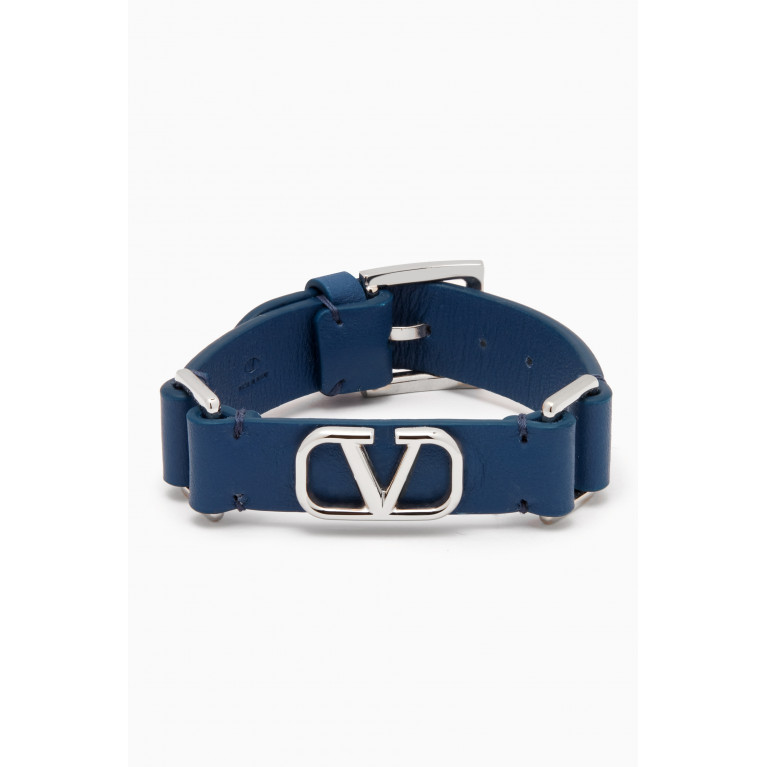 Valentino - VLogo Signature Bracelet in Metal & Calf Leather Blue