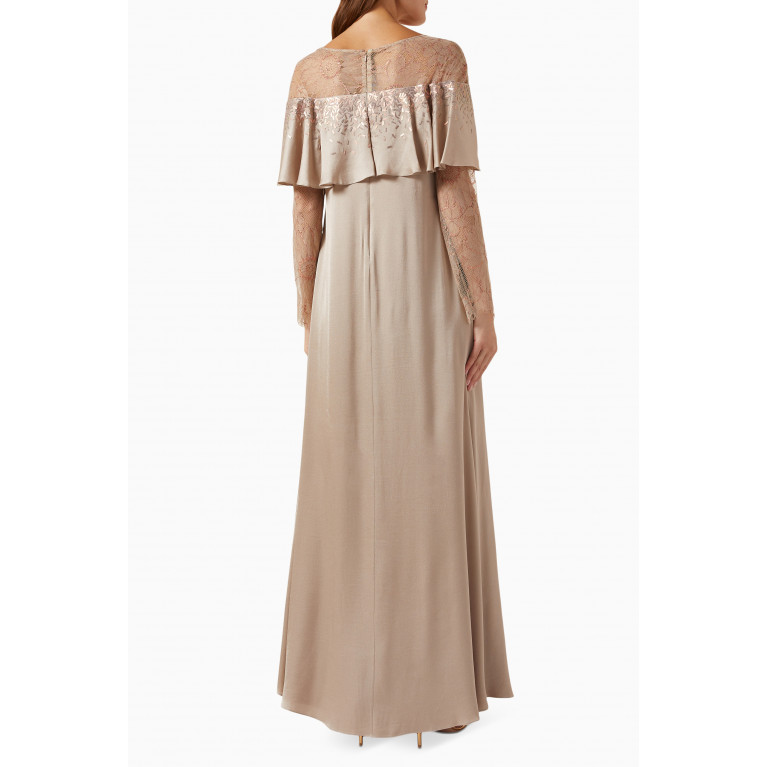 Amal Al Raisi - Ruffled Lace-detail Maxi Dress in Viscose Brown