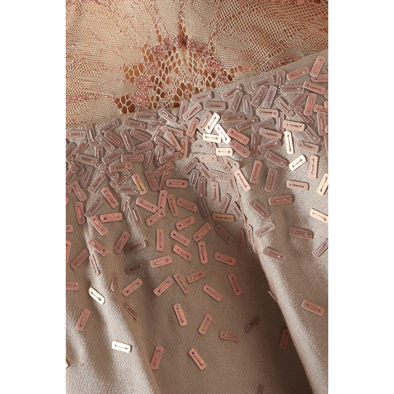 Amal Al Raisi - Ruffled Lace-detail Maxi Dress in Viscose Brown