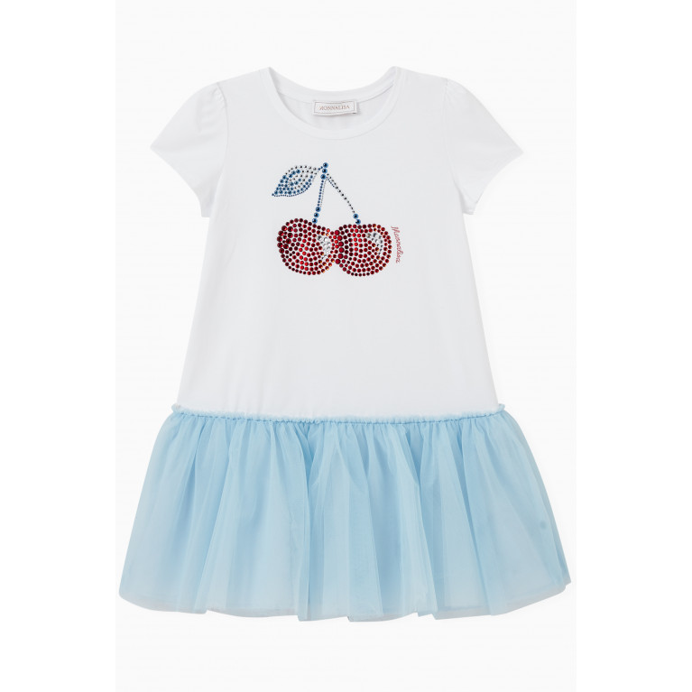 Monnalisa - Cherry Dress in Cotton & Tulle Blue