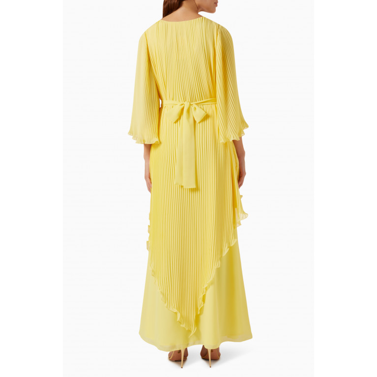 Suzy Matar - Embellished V-neck Maxi Dress in Plissé & Chiffon Yellow