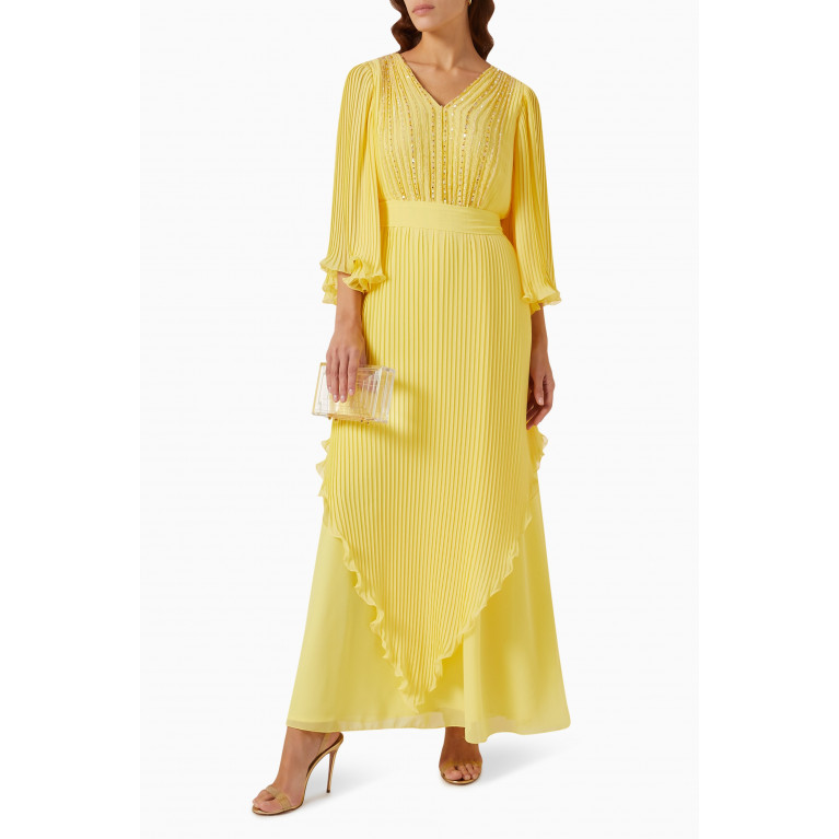 Suzy Matar - Embellished V-neck Maxi Dress in Plissé & Chiffon Yellow