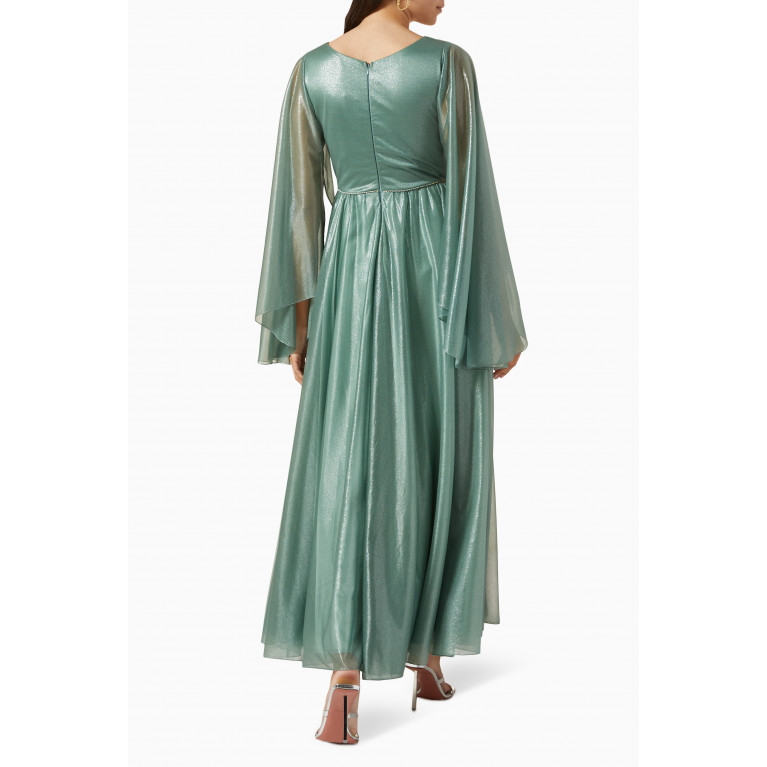 Suzy Matar - Cape-sleeve Ruched Maxi Dress in Glittered Chiffon