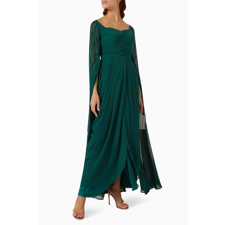 Suzy Matar - Embellished Cape Sleeve Gown in Chiffon Green