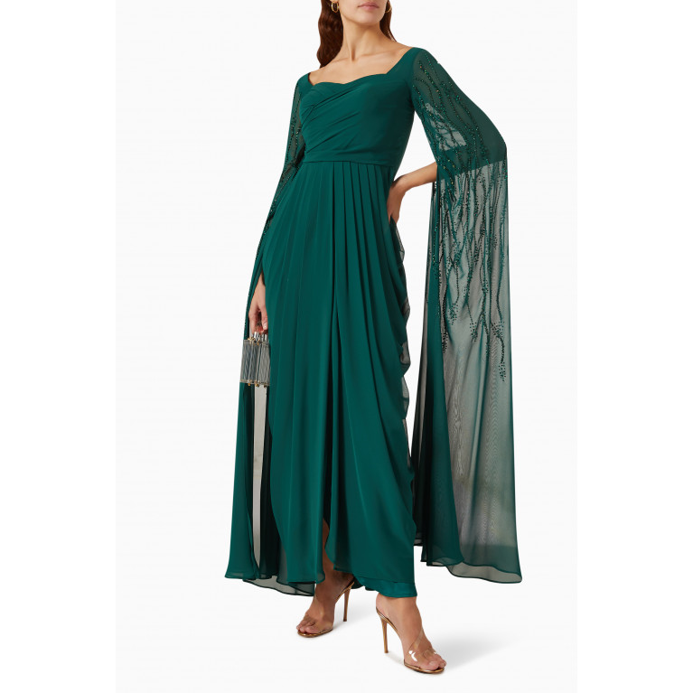 Suzy Matar - Embellished Cape Sleeve Gown in Chiffon Green