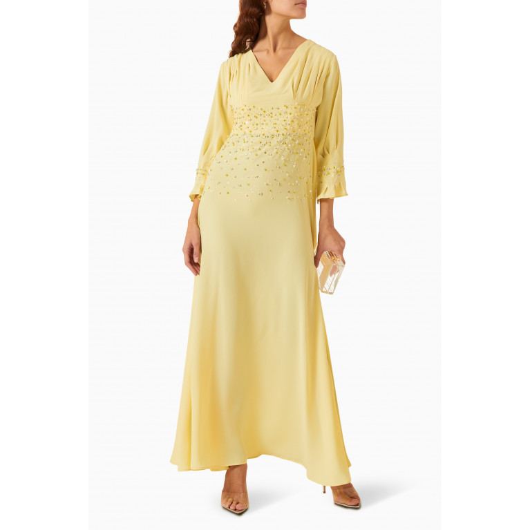 Suzy Matar - Embellished V-neck Maxi Dress in Crepe Yellow