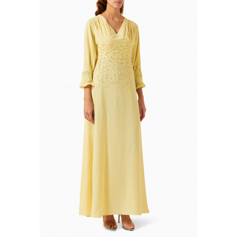 Suzy Matar - Embellished V-neck Maxi Dress in Crepe Yellow