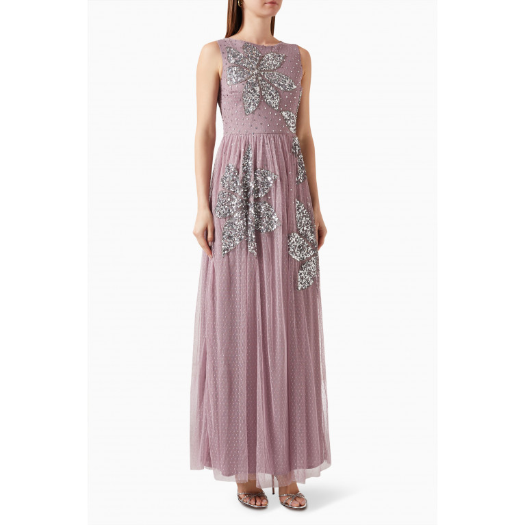 Maya - Floral-embroidered Maxi Dress in Dotted Mesh