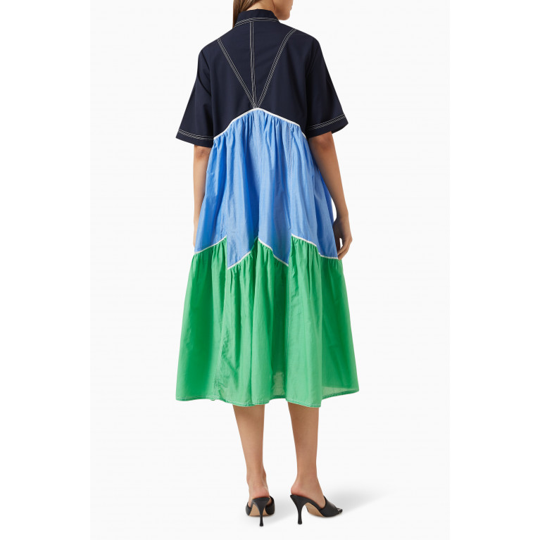Lovebirds - Colour-block Tiered Shirt Dress in Cotton-silk Blend Blue