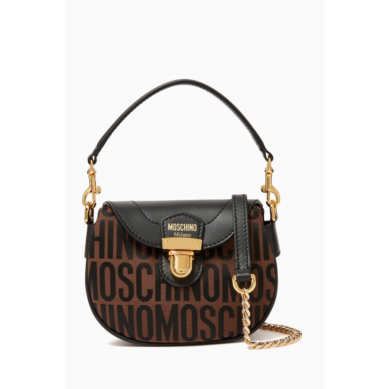 Moschino - Small Logo Shoulder Bag in Leather & Jacquard Nylon Brown