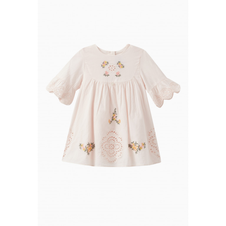 Tartine et Chocolat - Embroidered Floral Dress in Cotton Pink