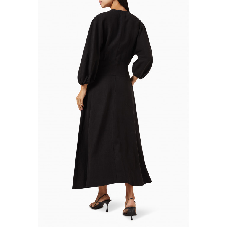 Le Kasha - Helwan Puff Sleeve Midi Dress in Linen Black