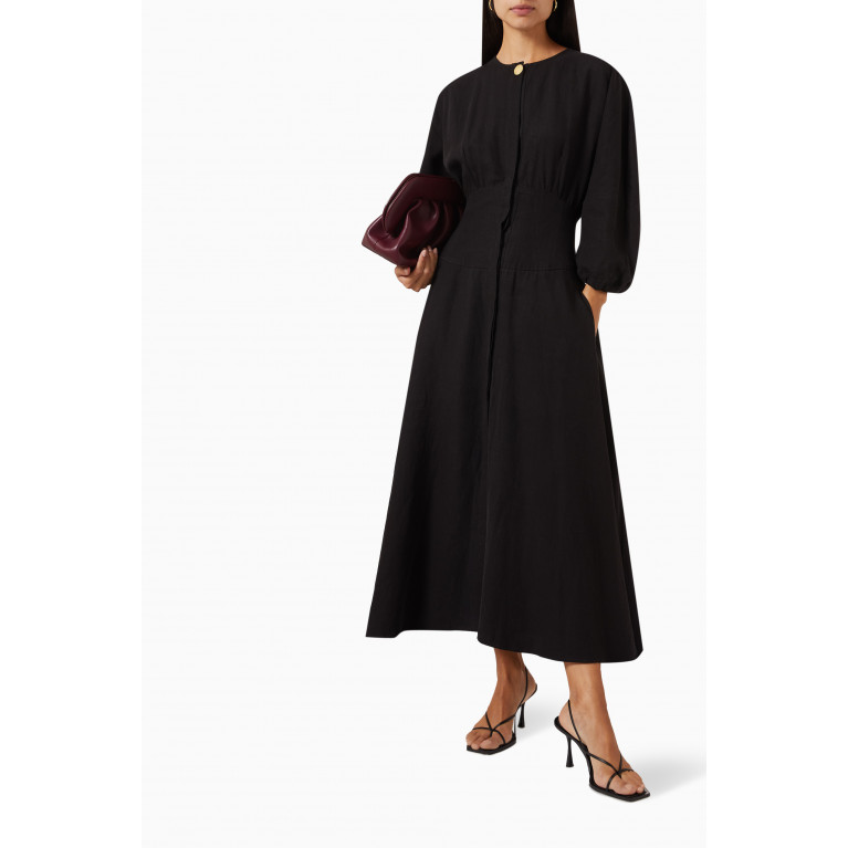 Le Kasha - Helwan Puff Sleeve Midi Dress in Linen Black