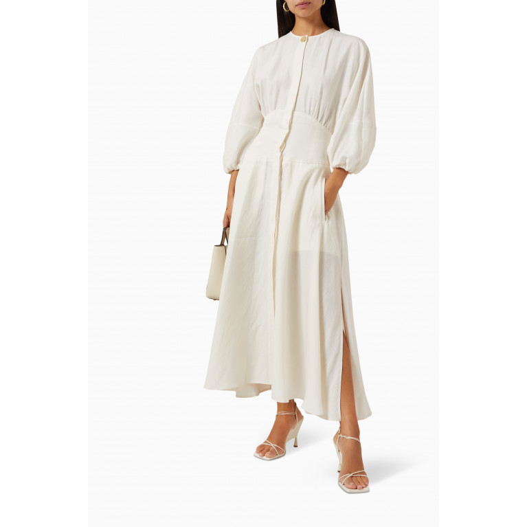 Le Kasha - Helwan Puff Sleeve Midi Dress in Linen White