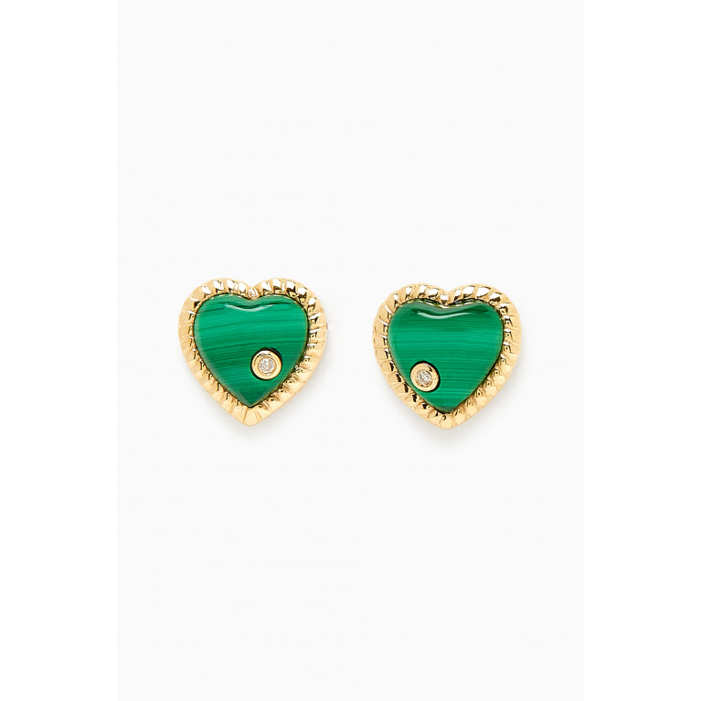 Yvonne Leon - Dome Heart Malachite & Diamond Studs in 18kt Gold Green