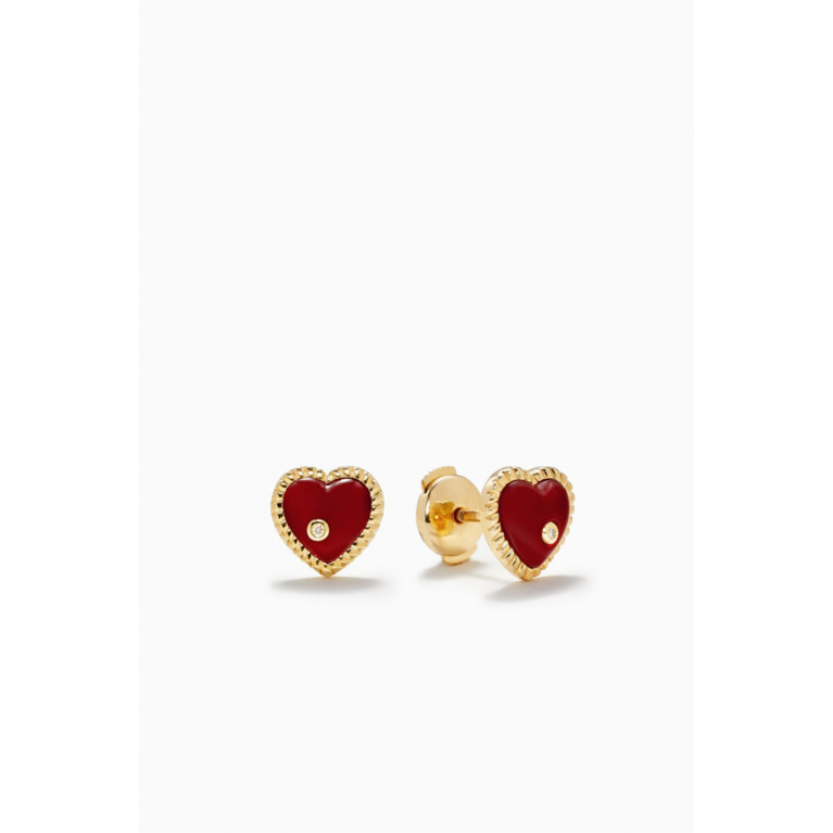 Yvonne Leon - Dome Heart Agate & Diamond Studs in 18kt Gold Red
