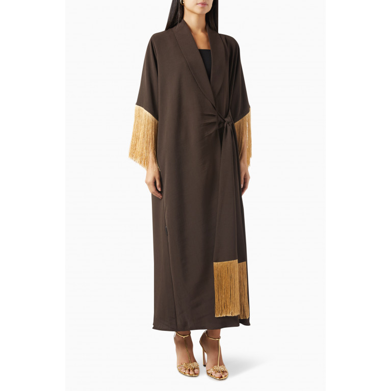 Beige Collection - Fringed Twist Abaya in Crepe Brown