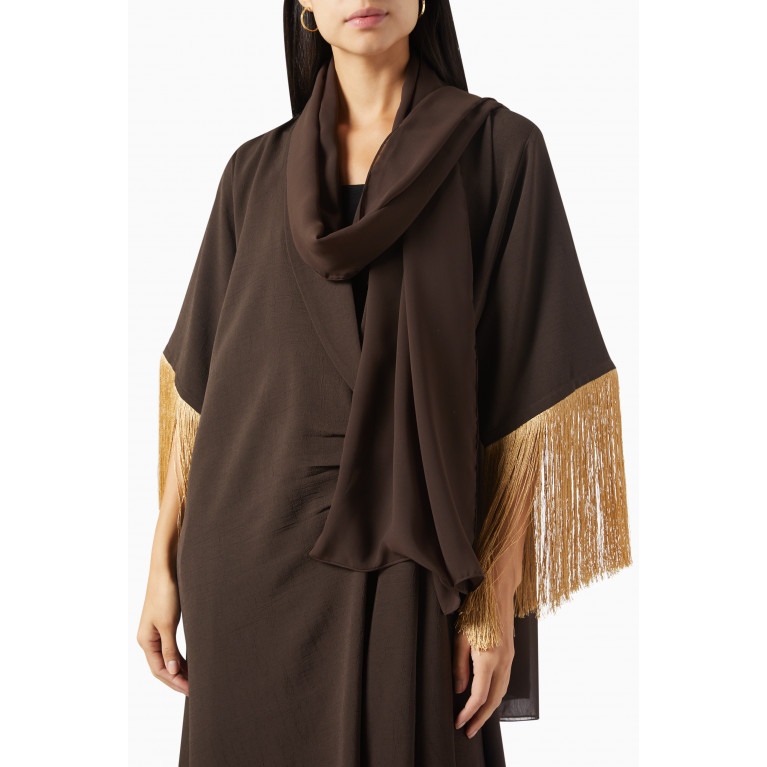 Beige Collection - Fringed Twist Abaya in Crepe Brown