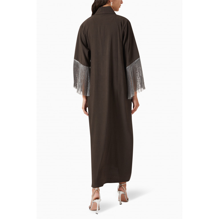 Beige Collection - Fringed Twist Abaya in Crepe Grey