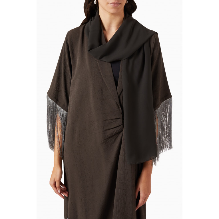 Beige Collection - Fringed Twist Abaya in Crepe Grey