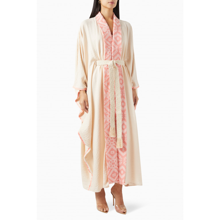 Beige Collection - Belted Embroidered Abaya in Linen Pink