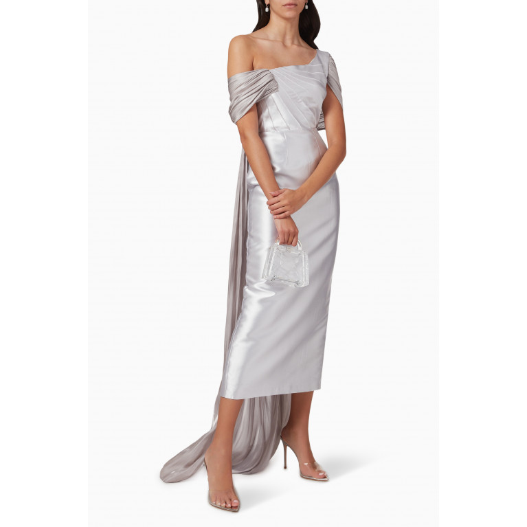 Alize - One-shoulder Cape Midi Dress in Satin & Metallic Organza