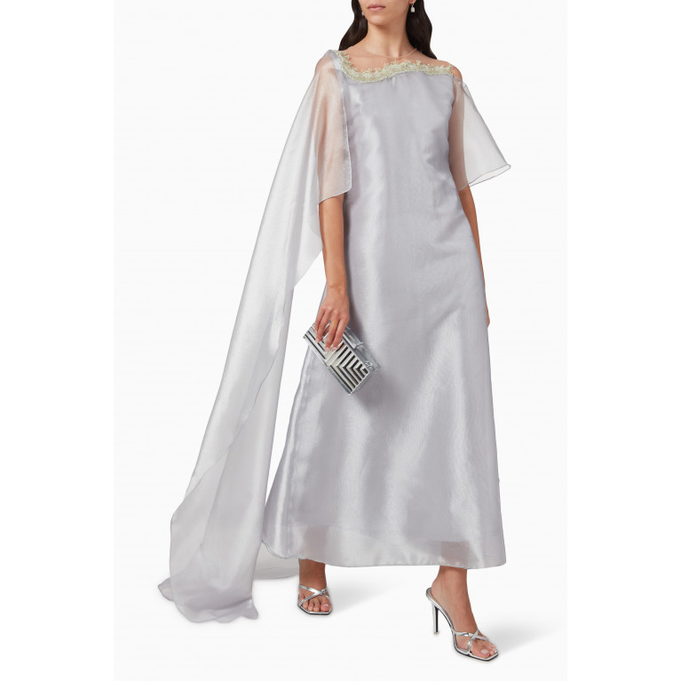 Alize - Embellished Sheer Cape Maxi Dress in Organza