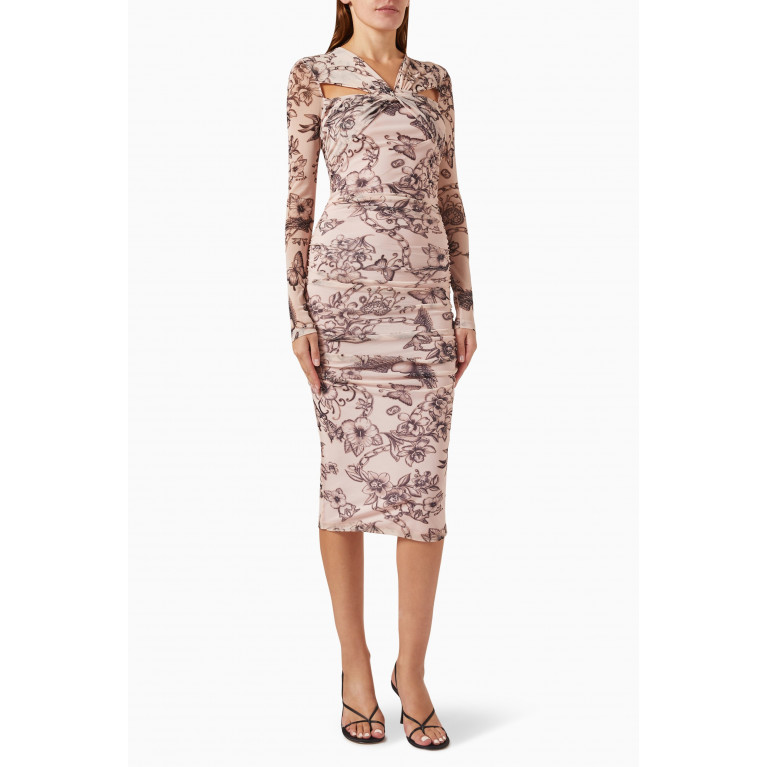 PINKO - Aderente Printed Midi Dress in Stretch Tulle