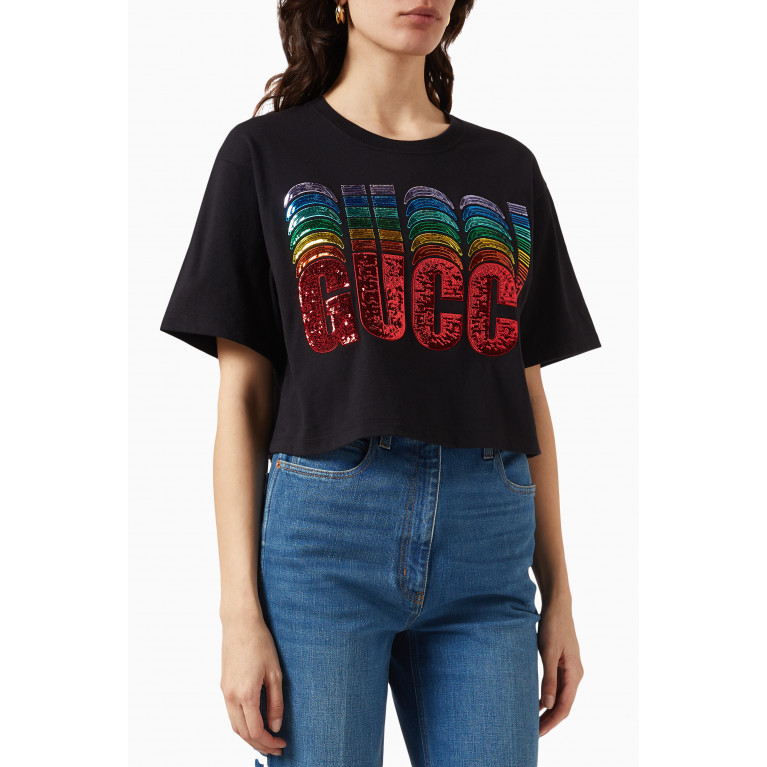Gucci - Sequin-embellished Logo Crop T-shirt in Cotton-jersey