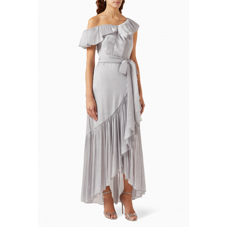 Amri - Ruffled Asymmetrical Maxi Dress in Satin Silver
