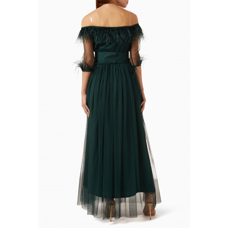 Amri - Off-shoulder Feather-trim Maxi Dress in Tulle Green