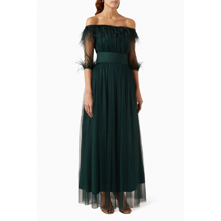 Amri - Off-shoulder Feather-trim Maxi Dress in Tulle Green