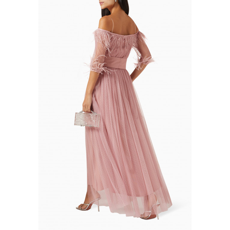 Amri - Off-shoulder Feather-trim Maxi Dress in Tulle Pink